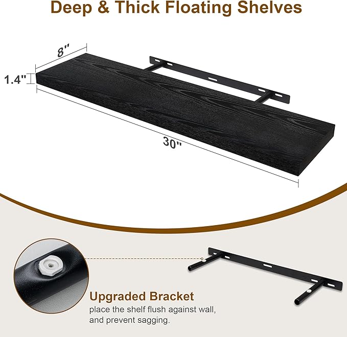 30 Inch Floating Shelves, Rustic Floating Wall Shelves 8 Inch Deep, 30 x 8 Floating Shelves for Home Decor, Deep Display & Storage Shelves for Kitchen, Bathroom, Living Room, Black Color, Set of 2