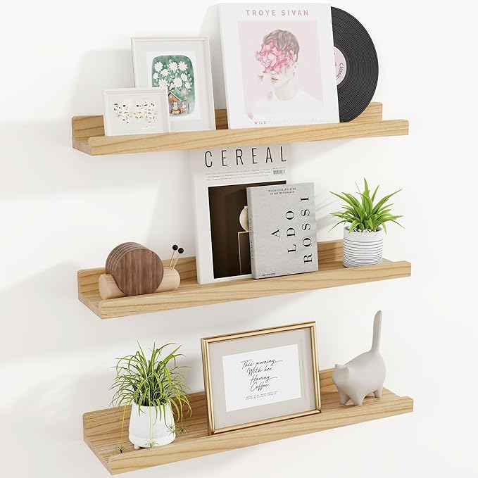 RICHFOCUS Floating Shelves for Wall, 24 inch Solid Wood Picture Ledge Shelf for Wall Storage, Nursery Book Shelves with Lip for Living Room Bathroom Bedroom Kitchen, Set of 3, Natural
