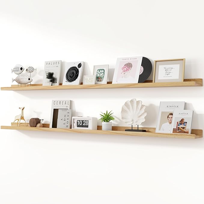 RICHFOCUS Floating Shelves for Wall, 72 inch Solid Wood Picture Ledge Shelf for Wall Storage, Nursery Book Shelves with Lip for Living Room Bathroom Bedroom Kitchen, Set of 2, Natural