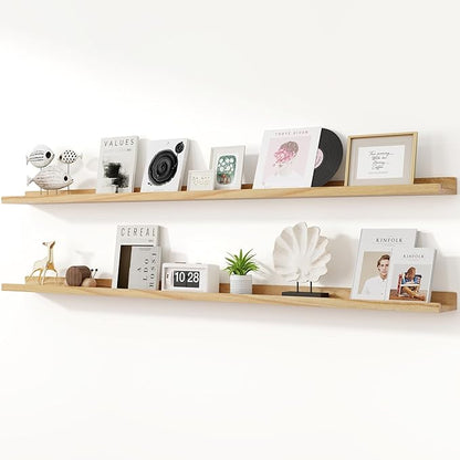 RICHFOCUS Floating Shelves for Wall, 72 inch Solid Wood Picture Ledge Shelf for Wall Storage, Nursery Book Shelves with Lip for Living Room Bathroom Bedroom Kitchen, Set of 2, Natural