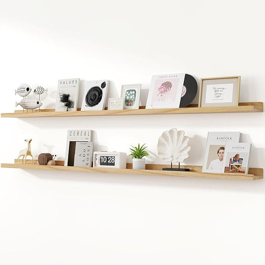 RICHFOCUS Floating Shelves for Wall, 72 inch Solid Wood Picture Ledge Shelf for Wall Storage, Nursery Book Shelves with Lip for Living Room Bathroom Bedroom Kitchen, Set of 2, Natural
