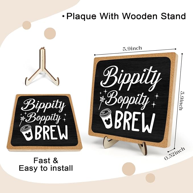 Coffee Bar Sign Plaque Decor,Bippity Boppity Brew Desk Decor for Kitchen,Coffee Bar Accessorie,Cute Wooden Tabletop Plaque, Rustic Farmhouse Shelf Sign for Home or Office Decoration 5.9x5.9Inch (Black)