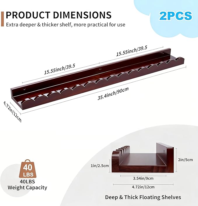 Walnut Scalloped Book Shelf, Dark Wood Nursery Book Shelves Set of 2 Pine Wooden Floating Bookshelf for Wall Cloud Picture Ledge Shelf for Kids Bedroom Baby Child Toddler Room Kitchen(90cm)