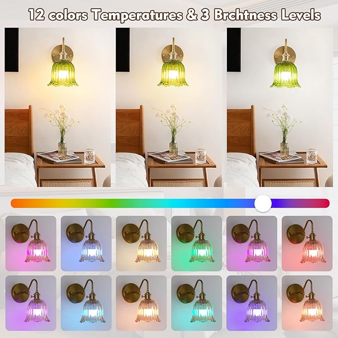 Vintage Battery Operated Wall Sconces Set of Two, RGB Dimmable LED Wall Light with Remote Control, Green Glass Lampshade Wall lamp with 15 Colors for Bedroom, Living Room, Home Decor