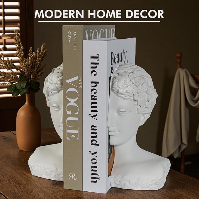Modern Decorative Stone Bookends, Heavy Duty Book Ends Unique for Heavy Books, Cool Vintage Book Ends for Shelves & Office Desk, Thinker Sculpture Bookends