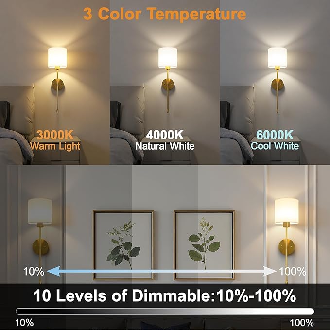 Battery Operated Wall Sconce Set of Two, 15 Colors Rechargeable Wall Lamp with Dimmable Bulbs and Remote, Gold Wireless Wall Sconce for Bedroom Living Room Hallway