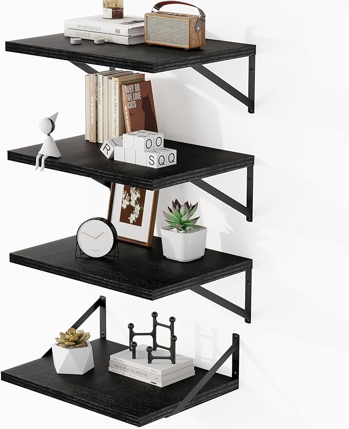 Heimlove 16W x 12D Wall Shelves, 12 Inch Deep Floating Shelves for Wall Set of 4, Wide Heavy Duty Shelves, Black Floating Shelves for Living Room Bedroom Bathroom Kitchen