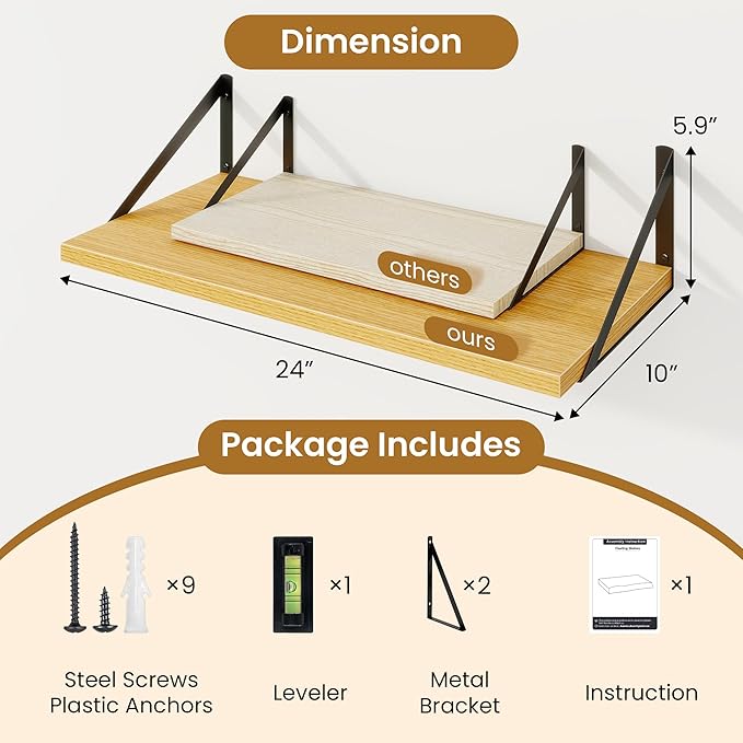 Deep Floating Shelves,24" Wx10 D Floating Shelf for Wall Set of 2,Hanging Storage Shelf with Metal Brackets,Wide Display Wall Shelves for Living Room,Bedroom,Bathroom,Kitchen,Oak