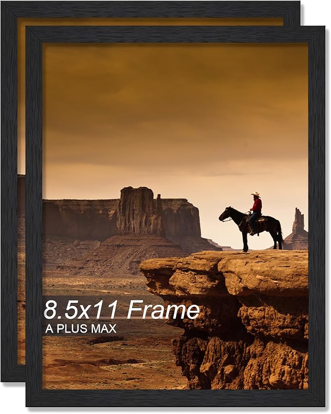 A PLUS MAX 8.5x11 Picture Frame Set of 2, Black Engineered Wood Frame for 8.5 x 11 Inch Picture Poster Photo, Light Weight 8.5 by 11 Frame with Wood-grain for Wall - 2 Pack/Black/8.5