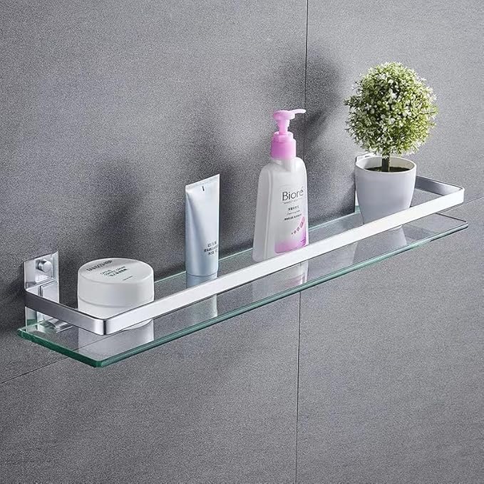 Bathroom Glass Shelf Tempered Glass Rectangular Extra Thick Aluminum Silver Sand Sprayed Wall Mounted 13.77 inches
