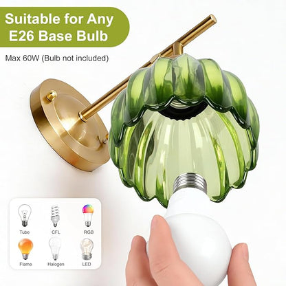 Vintage Gold Wall Sconces with Green Tulip Glass Lampshade, Hardwired and Wireless Wall Lamp (2 Usage Methods), Brass Sconces Hradwired Modern Wall Light Fixture for Bedroom Living Room
