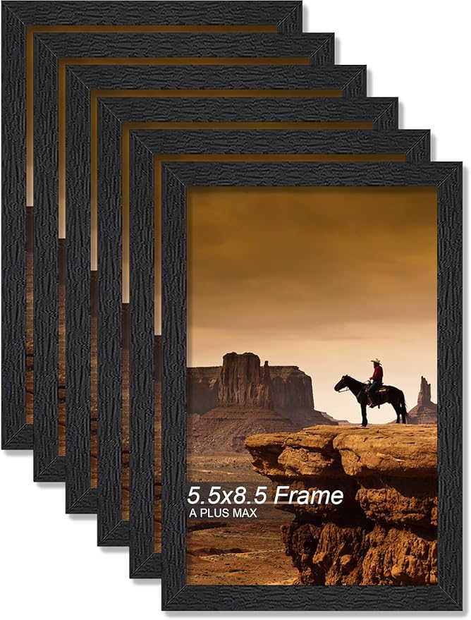 A PLUS MAX 5.5x8.5 Picture Frame Set of 6, Black Engineered Wood Frame for 5.5 x 8.5 Inch Picture Poster Photo, Light Weight 5.5 by 8.5 Frame with Wood-grain for Wall - 6 Pack/Black/5.5"x8.5"
