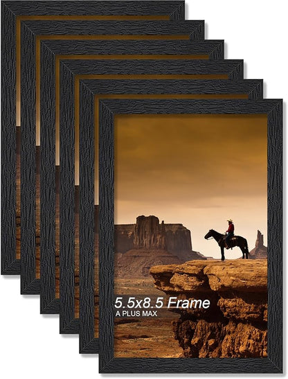 A PLUS MAX 5.5x8.5 Picture Frame Set of 6, Black Engineered Wood Frame for 5.5 x 8.5 Inch Picture Poster Photo, Light Weight 5.5 by 8.5 Frame with Wood-grain for Wall - 6 Pack/Black/5.5"x8.5"