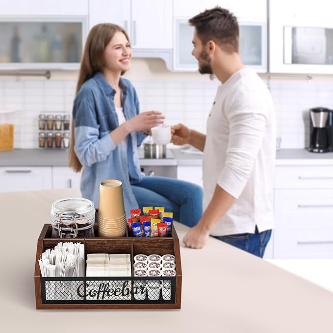 Coffee Station Organizer for Counter, Wood Pods Holder Basket with Removable Dividers, Office Coffee Bar Accessories Decor for Syrup, Cups, Stirrer, Tea