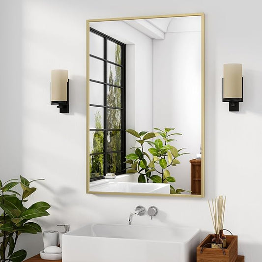 HARRITPURE 28"x20" Bathroom Mirror for Wall, Gold Framed Rectangle Mirror Aluminum Alloy Frame Wall-Mounted Horizontally/Vertically for Entryway/Bedroom/Vanity