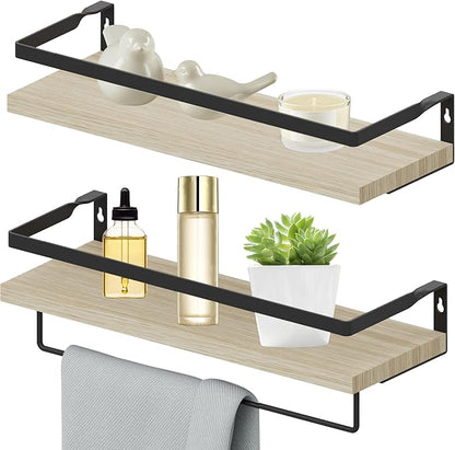 Home Decor Floating Shelves, Wall Shelves with Towel Bar, Bathroom Wall Decor, Floating Shelves Wood for Living Room/Kitchen/Bedroom, (Black-Natural) Floating Bathroom Shelves