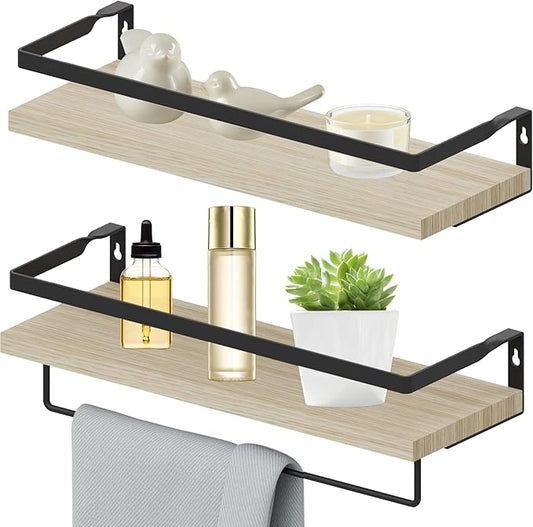 Home Decor Floating Shelves, Wall Shelves with Towel Bar, Bathroom Wall Decor, Floating Shelves Wood for Living Room/Kitchen/Bedroom, (Black-Natural) Floating Bathroom Shelves