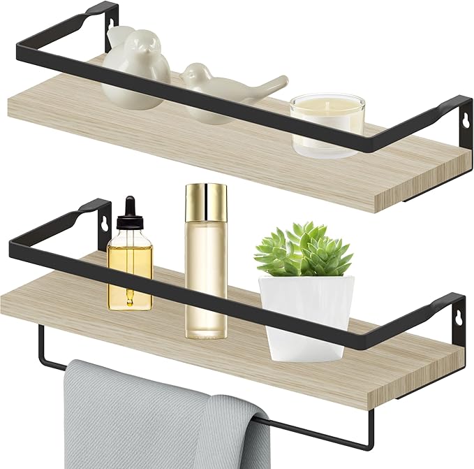 Home Decor Floating Shelves, Wall Shelves with Towel Bar, Bathroom Wall Decor, Floating Shelves Wood for Living Room/Kitchen/Bedroom, (Black-Natural) Floating Bathroom Shelves