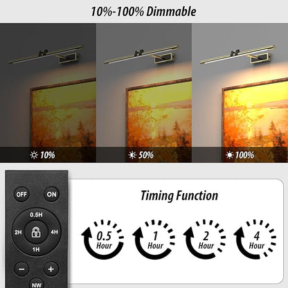 Brass Picture Light for Wall - 24inch Dimmable & Rechargeable Art Light with Extendable Arm, 25H Light Time, Angle Adjustable, 3 Color Temperatures Timer - Perfect for Paintings and Home Decor