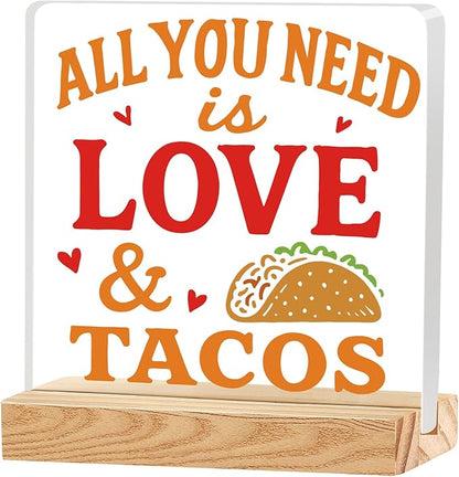 Valentines Desk Decor, Happy Valentine's Day Home Office Table Sign for Porch Tiered Tray Shelf Party, Rustic Romantic Acrylic Gifts Decorations for Him Her Wife, All You Need is Love Tacos