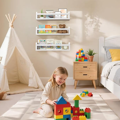 Floating Wall Nursery Book Shelves for Bedrooms Kids 16.5 Inch White Wooden Baby Book Shelf for Kids Rooms Set of 3 Nursery Shelves for Wall Mounted Toddler Bookshelf for Kids Wall