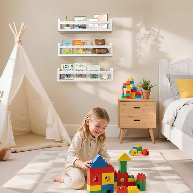Floating Wall Nursery Book Shelves for Bedrooms Kids 16.5 Inch White Wooden Baby Book Shelf for Kids Rooms Set of 3 Nursery Shelves for Wall Mounted Toddler Bookshelf for Kids Wall