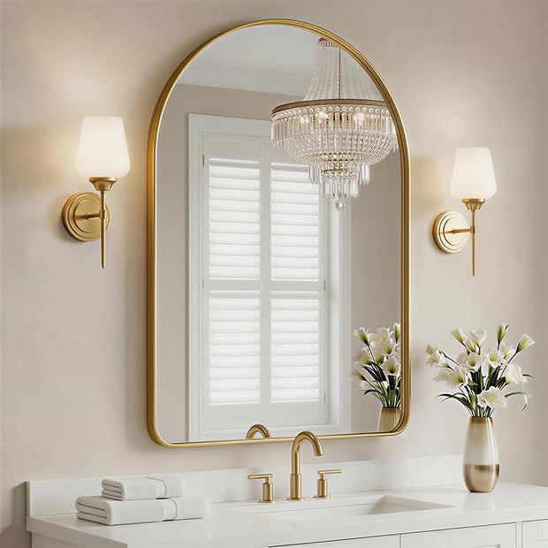 Arched Bathroom Mirror - 38x26 Inch Gold Bathroom Mirror for Wall - Aluminum Alloy Framed Mirror - Arched Top Bathroom Vanity Mirror for Living Room, Bedroom, Mantel, Entryway, and Hallways