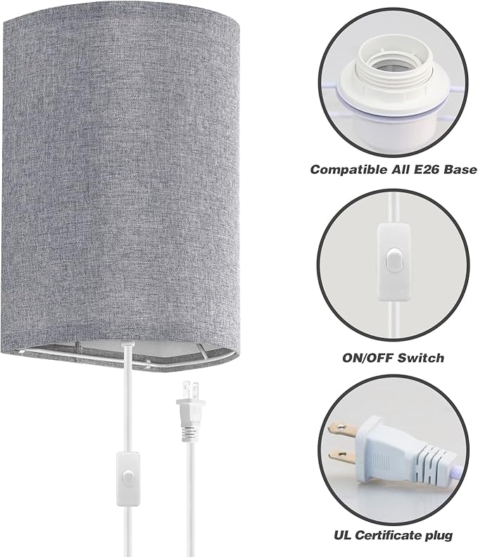 Wall Sconces Set of Two, Fabric Shades Plug in Wall Sconces, 3 Color Temperature Switching Modern Wall Light Fixtures, Wall Lamp with Plug in Cord, On/Off Switch Wall Lights for Bedroom Porch (Grey)