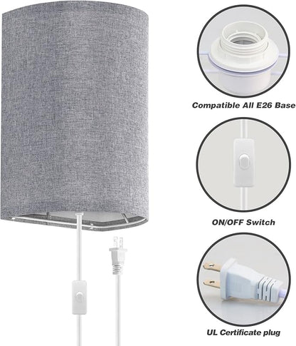 Wall Sconces Set of Two, Fabric Shades Plug in Wall Sconces, 3 Color Temperature Switching Modern Wall Light Fixtures, Wall Lamp with Plug in Cord, On/Off Switch Wall Lights for Bedroom Porch (Grey)