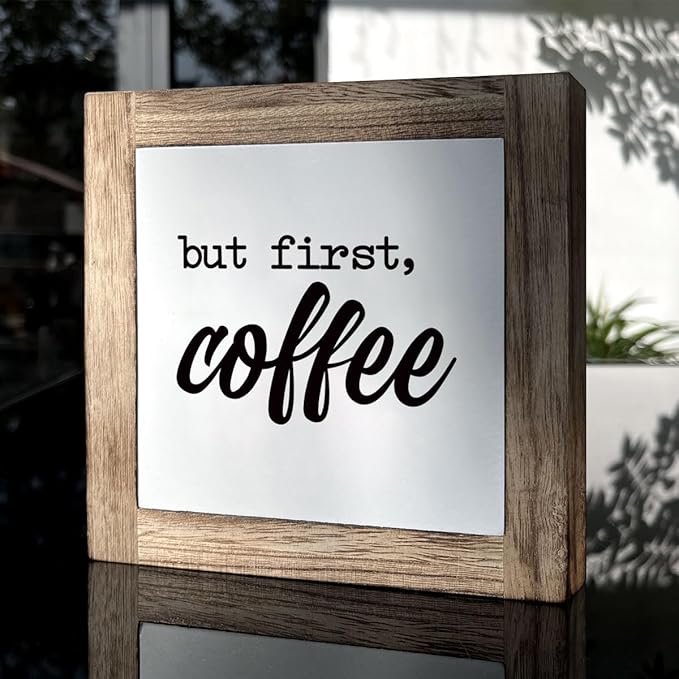 But First Coffee Decor Set - Wooden Box Signs for Home, Kitchen & Dining Room - Rustic Tabletop Decor for Coffee Lovers
