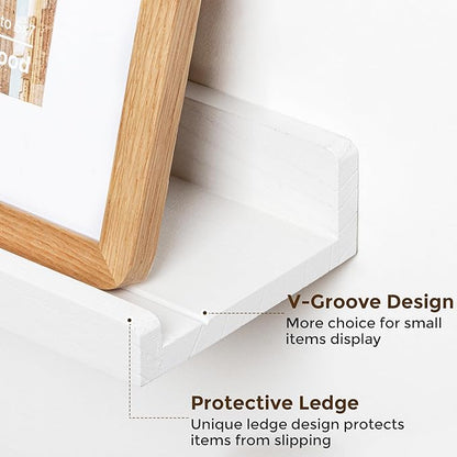 RICHFOCUS Floating Shelves for Wall, 24 inch Solid Wood Picture Ledge Shelf for Wall Storage, Nursery Book Shelves with Lip for Living Room Bathroom Bedroom Kitchen, Set of 2, Washed White
