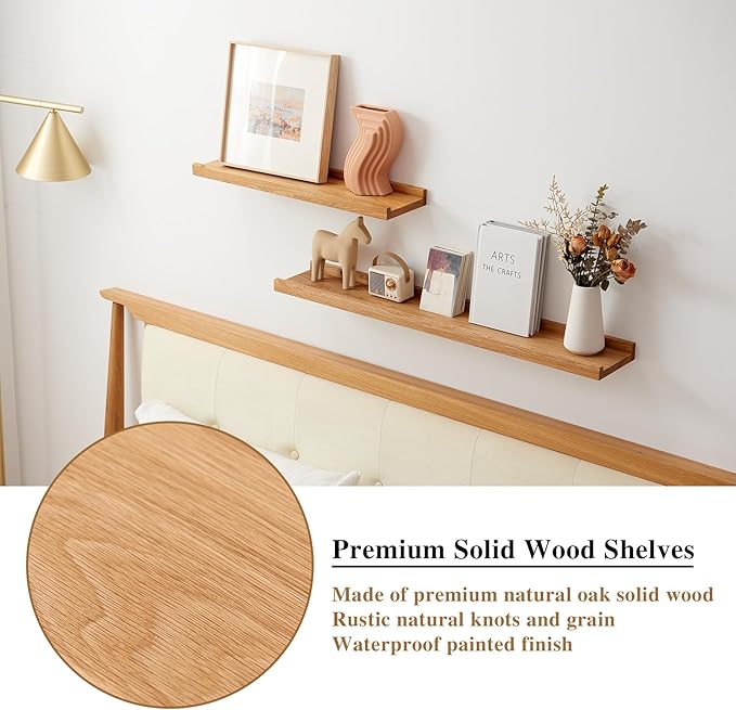 Oak Floating Shelves 12 Inch Wall Shelves for Decor and Storage, 4 Inch Deep Natural Solid Wood Shelf, Picture Ledge Shelf for Bedroom Bathroom Living Room KitchenLaundry Room