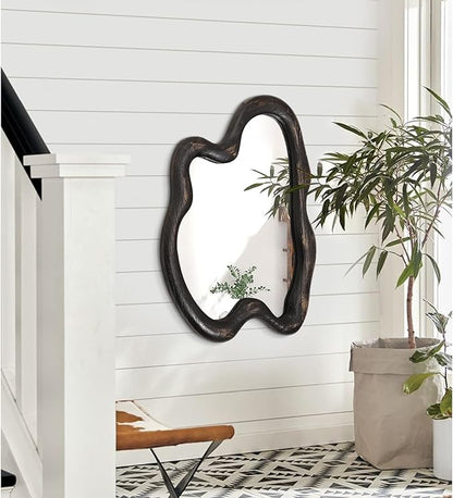 AAZZKANG Large Wall Mirror Retro Irregular Wall Mirror 28"x20" Hanging Wall Mounted Wood Frame Mirrors for Bathroom Bedroom Living Room Entryway