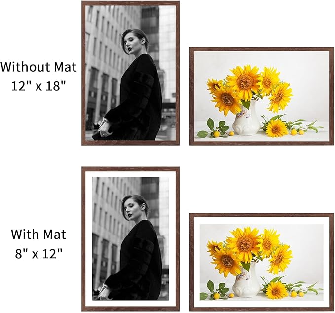puthiac 12x18 Solid Oak Wood Picture Frame, Fits 8x12 with Mat or 12x18 Without Mat, Wall Display Only, Vertical or Horizontal, Plexi Front, 1 Pack, Walnut