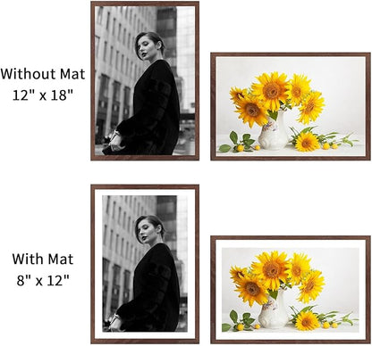 puthiac 12x18 Solid Oak Wood Picture Frame, Fits 8x12 with Mat or 12x18 Without Mat, Wall Display Only, Vertical or Horizontal, Plexi Front, 3 Pack, Walnut