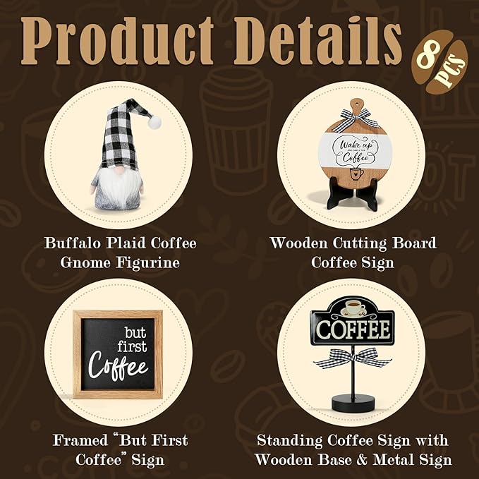 Cute Farmhouse Coffee Bar Decor Set for Tiered Tray, Rustic Black White Coffee Decorations with Gnome, Bead Garland & Rolling Pin, Coffee Bar Accessories for Kitchen Counter