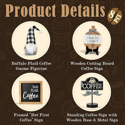 Cute Farmhouse Coffee Bar Decor Set for Tiered Tray, Rustic Black White Coffee Decorations with Gnome, Bead Garland & Rolling Pin, Coffee Bar Accessories for Kitchen Counter