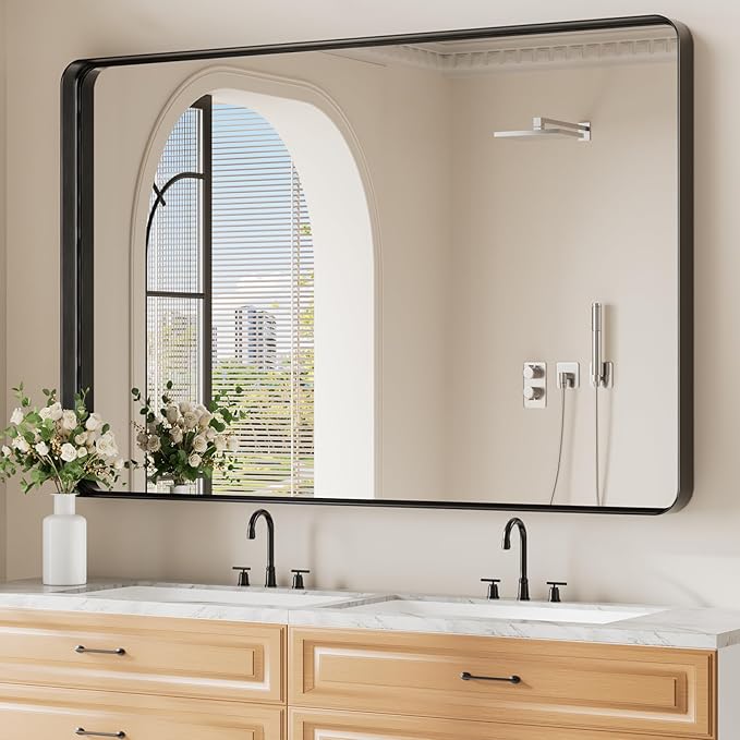 Koonmi Black Wall Mirror for Bathroom, 36x55 Inch Matte Deep Framed Rounded Rectangle Vanity Mirror for Farmhouse Living Room, Tempered Glass, Anti-Rust, Vertically or Horizontally