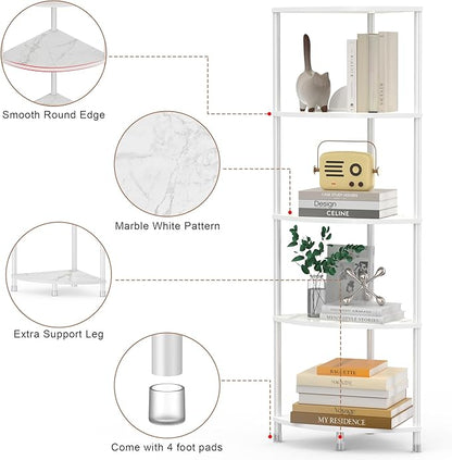 5 Tier Corner Shelf Stand, 44.1" Kitchen Shelf Organizer with Metal Frame, Small Corner Shelf for Bathroom Organization & Storage, Marble White Corner Shelf for Kitchen Decor Accessories