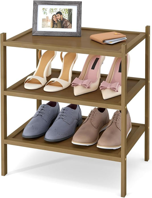 Smiry Bamboo Small Shoe Rack, 3 Tier Shoe Organizer for Entryway & Closet, Stackable Free Standing Storage Shelf for Shoes, Bags & Plants, Walnut