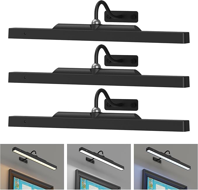 3Pack Picture Light Battery Operated, 16in Picture Light for Wall, 5000mAh Cordless Wall Lights with Controller,Art Light with Dimmable Cordless for Wall Painting,Frame, Portrait, Dartboard- Black