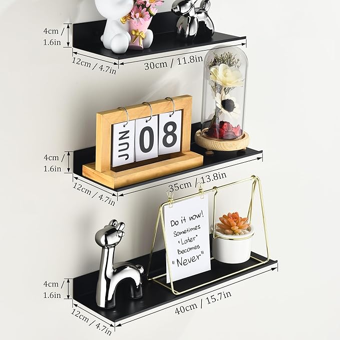 Floating Shelves for Wall Set of 3, Black Metal Wall Shelves for Bathroom 11.8/13.8/15.7 in, Modern Small Adhesive Shelf for Living Room, Bedroom, Office, Kitchen