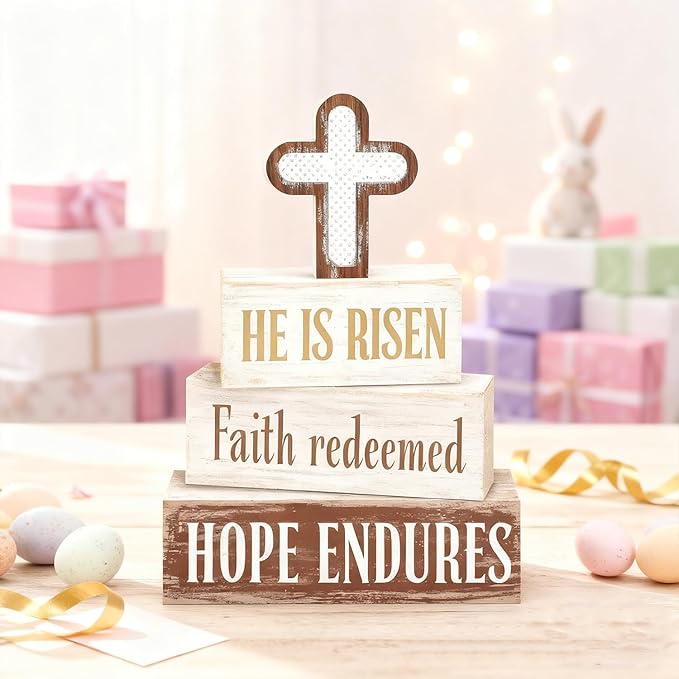 Easter Decorations - He Is Risen Cross Tiered Tray Decor - Faith Redeemed Religious Wooden Tabletop Sign - Farmhouse Easter Christian Home Decor Indoor - Spring Home Decor for Living Room, Kitchen Counter, Seasonal Farmhouse Display