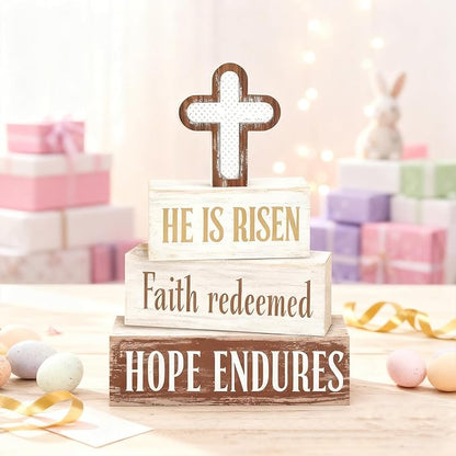Easter Decorations - He Is Risen Cross Tiered Tray Decor - Faith Redeemed Religious Wooden Tabletop Sign - Farmhouse Easter Christian Home Decor Indoor - Spring Home Decor for Living Room, Kitchen Counter, Seasonal Farmhouse Display