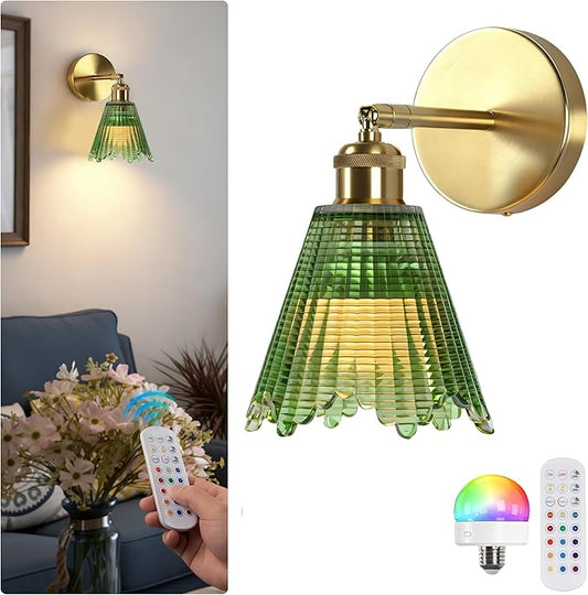 Vintage Battery Operated Wall Sconce with Green Crystal Grid Glass Lampshade Rechargeable Battery Powered Wall Light with Remote Control for Bedside Bedroom Bathroom, Set of 1