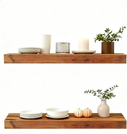 Solid Wood Floating Shelves,23.6in Finished Real Wood Wall Shelves with Heavy-Duty Hidden Bracket, Easy Installation, Set of 2, 23.6in x 7.1in x 1.5in, for Living Room Bedroom Kitchen,Bronze