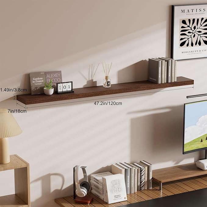 Floating Shelves for Wall, Bathroom Shelves Over Toilet, Wall Shelves & Book Shelf for Room, Hanging Shelf, Modern Wooden Mounted Floating Shelves, 48x7x1.5 in (Walnut-Like, Set of 1)