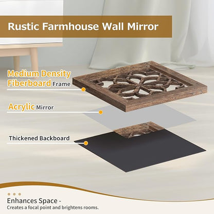 Set of 4 Boho Wall Mirrors with Carved Floral Design, 12x12 Inch Rustic Farmhouse Accent Mirrors, Vintage Style Shatterproof Square Mirror Decor for Living Room, Bedroom(Redbrown)