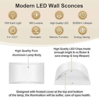 TRLIFE Dimmable Wall Sconces, 3000K/4000K/6000K Selectable Modern Wall Sconce 12W LED Aluminum Wall Mounted Light Set of 2 Hardwired Wall Lights for Bedroom Bedside Living Room Stairway (White, 2P)