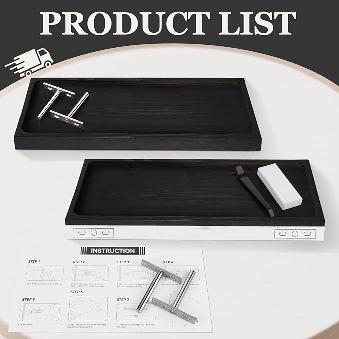 Solid Wood Floating Shelves for Wall 24 inch Bathroom Hanging Wall Shelves Set of 2 for Living Room Bedroom Kitchen Farmhouse 24x6.7 inch - Black